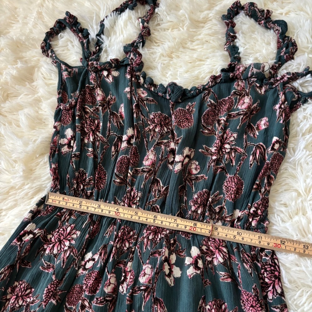 Angie Floral Wide Leg Jumpsuit Teal Pink Smocked Waist Boho Rayon Small - Picture 7 of 8